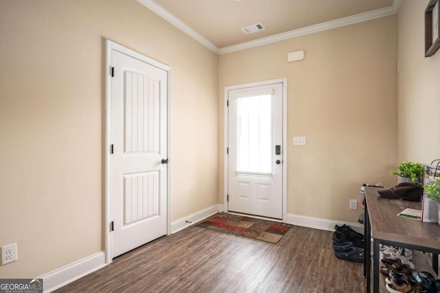 entryway featuring crown molding and wood-type flooring