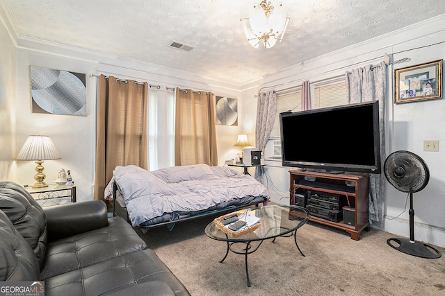 carpeted bedroom with multiple windows, a notable chandelier, a textured ceiling, and ornamental molding