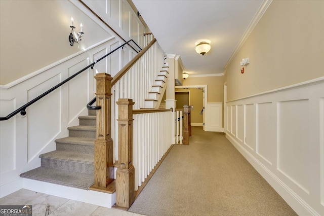 stairs featuring ornamental molding and carpet flooring