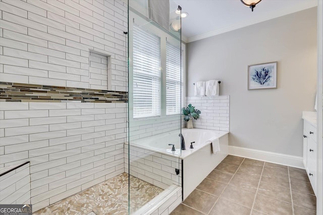 bathroom featuring vanity, crown molding, separate shower and tub, and tile patterned flooring