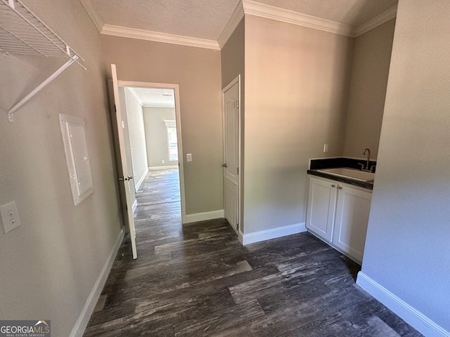 hallway featuring ornamental molding, sink, and dark hardwood / wood-style floors