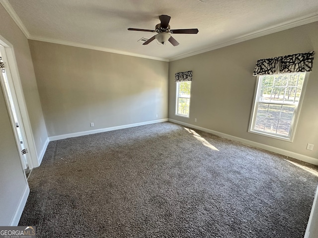 carpeted spare room with ceiling fan, a healthy amount of sunlight, ornamental molding, and a textured ceiling