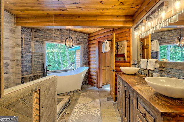 bathroom with dual vanity, log walls, and wood ceiling