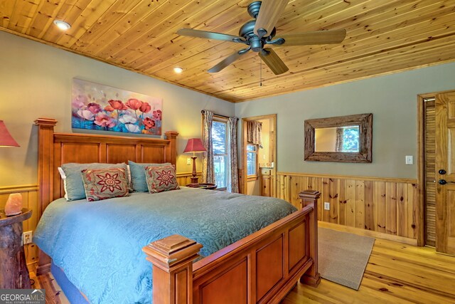 bedroom with light hardwood / wood-style floors, wooden ceiling, and ceiling fan