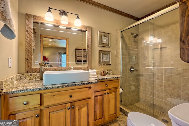 bathroom with toilet, vanity, and an enclosed shower