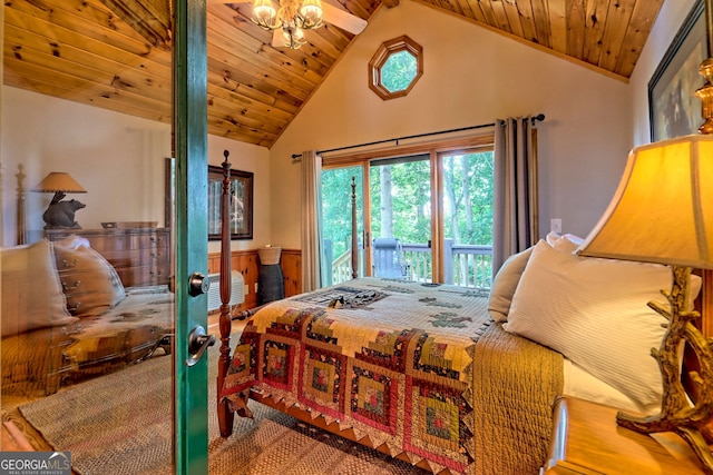 bedroom featuring hardwood / wood-style flooring, french doors, wood ceiling, and high vaulted ceiling