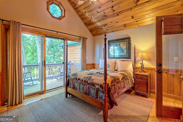 bedroom featuring vaulted ceiling, access to outside, light hardwood / wood-style flooring, and wooden ceiling