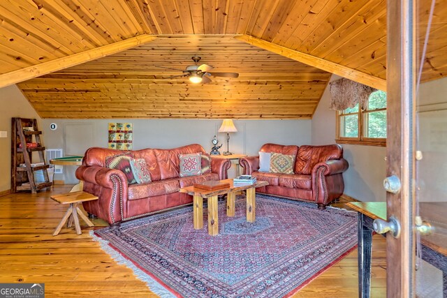 living room with light hardwood / wood-style flooring, vaulted ceiling, and wood ceiling