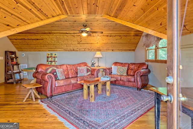 living room featuring hardwood / wood-style flooring, ceiling fan, wood ceiling, and vaulted ceiling with beams