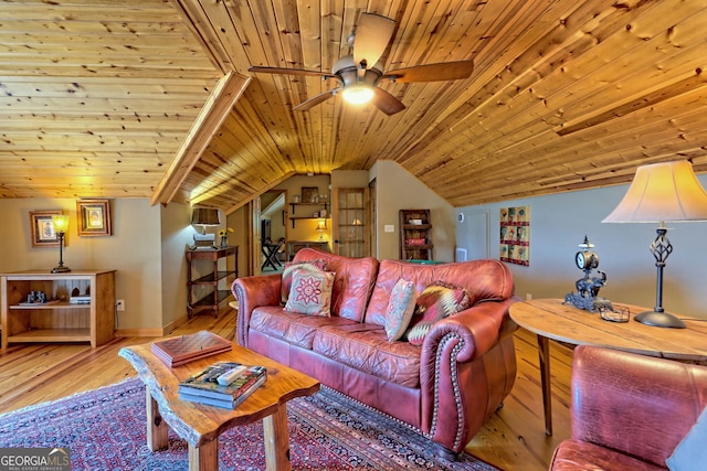 living room featuring light hardwood / wood-style floors, vaulted ceiling, wood ceiling, and ceiling fan