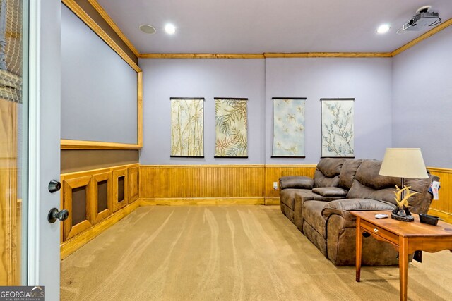 interior space with light carpet and ornamental molding