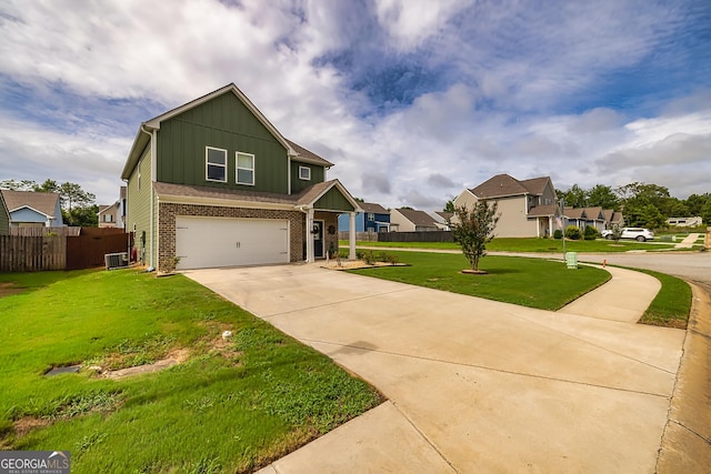 craftsman-style home with cooling unit, a garage, and a front yard