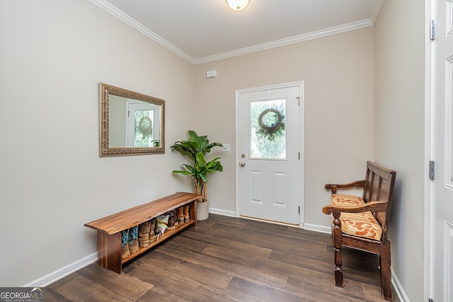 foyer entrance featuring crown molding and dark wood-type flooring