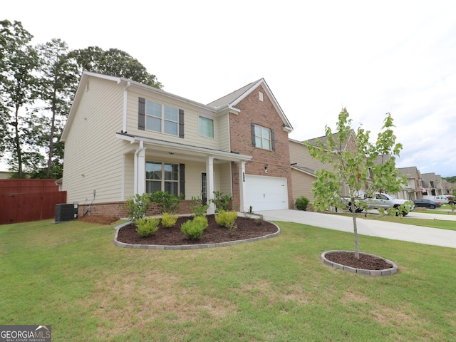 craftsman inspired home with a garage, central air condition unit, and a front yard