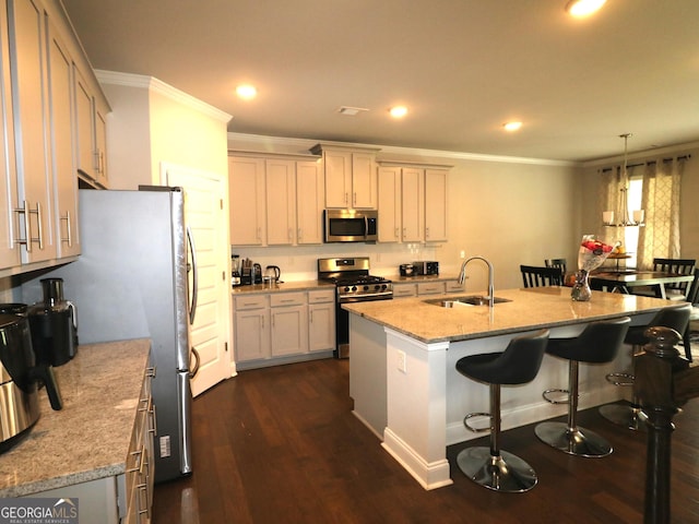 kitchen with a breakfast bar area, an island with sink, dark hardwood / wood-style floors, appliances with stainless steel finishes, and sink