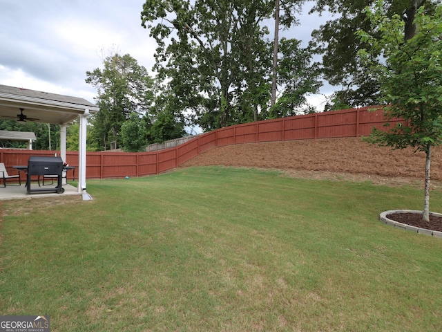 view of yard featuring a patio area and ceiling fan