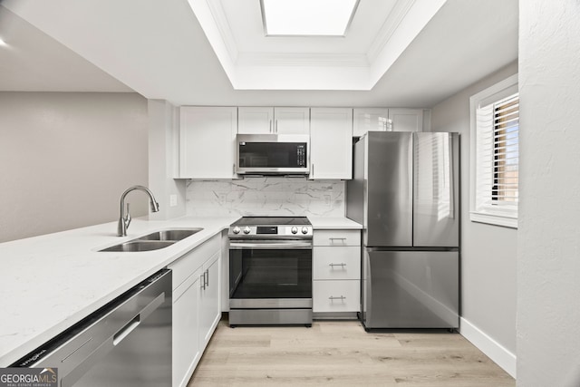 kitchen with appliances with stainless steel finishes, a tray ceiling, sink, and white cabinets