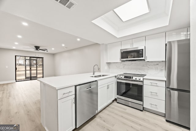 kitchen with sink, stainless steel appliances, kitchen peninsula, and white cabinets