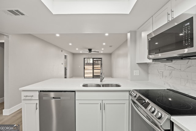 kitchen featuring appliances with stainless steel finishes, sink, white cabinets, backsplash, and kitchen peninsula