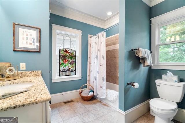 full bathroom with shower / bath combination with curtain, toilet, vanity, tile patterned floors, and ornamental molding