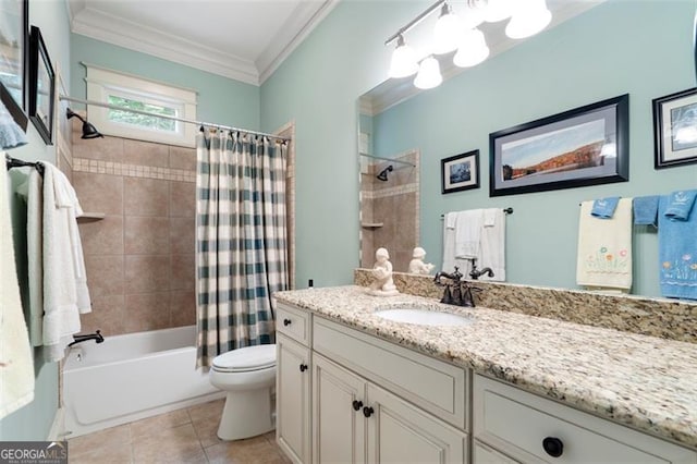 full bathroom featuring tile patterned flooring, toilet, vanity, shower / bath combo, and ornamental molding