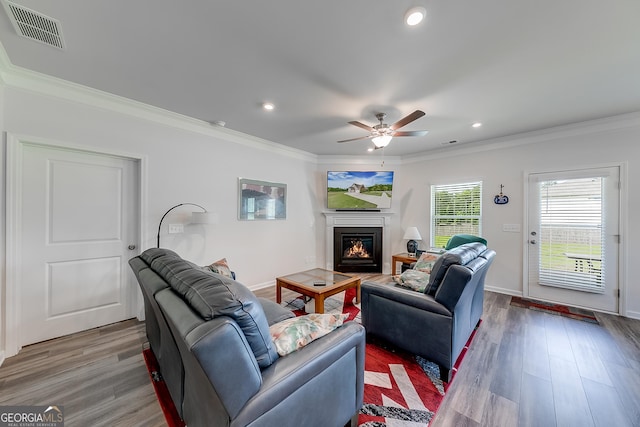 living room featuring ceiling fan, wood-type flooring, and crown molding