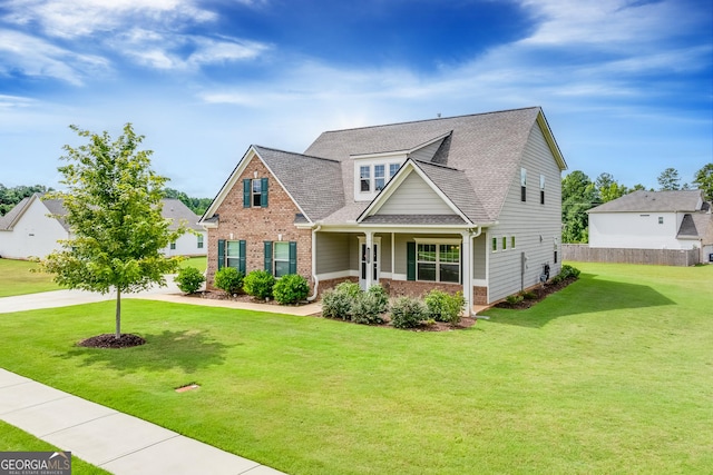 craftsman inspired home featuring a front lawn and a porch