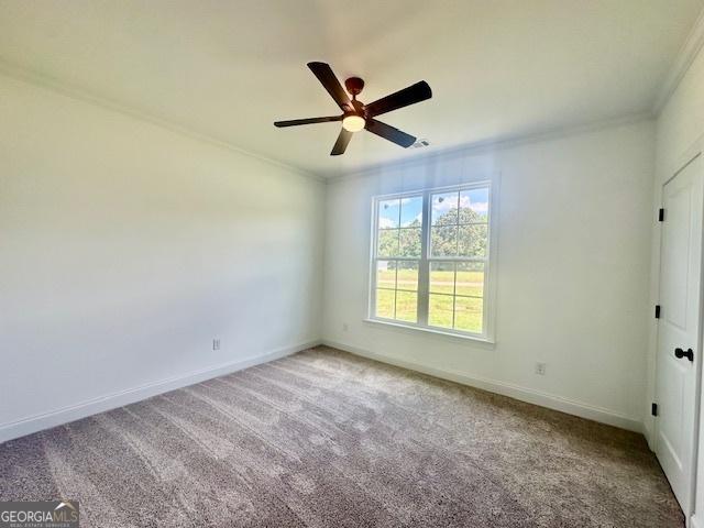 spare room featuring ornamental molding, carpet floors, and ceiling fan