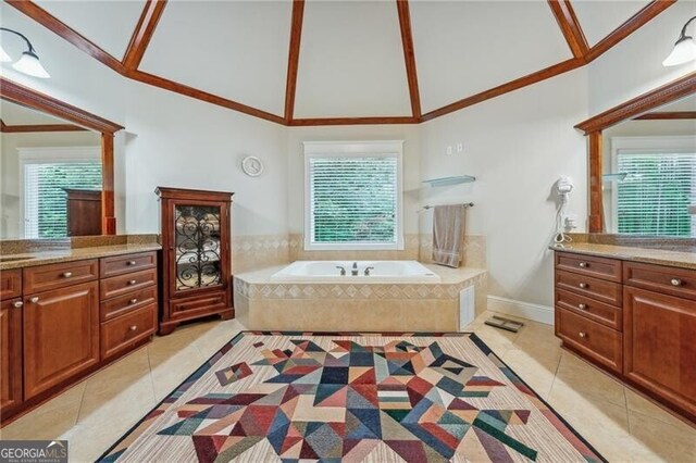 bathroom featuring independent shower and bath, crown molding, tile patterned flooring, and lofted ceiling