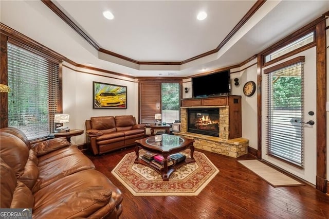 living room with plenty of natural light, crown molding, hardwood / wood-style floors, and a tray ceiling