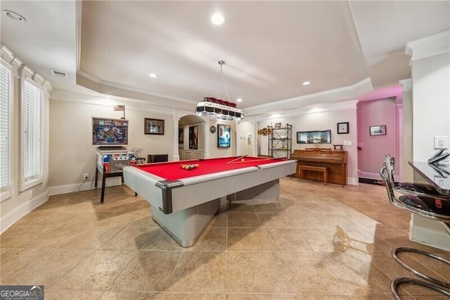 recreation room with ornamental molding, light tile patterned flooring, a raised ceiling, and billiards