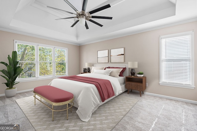 bedroom featuring ceiling fan, a raised ceiling, and multiple windows