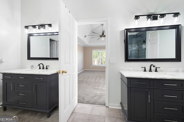 bathroom with vanity, tile patterned floors, and ceiling fan