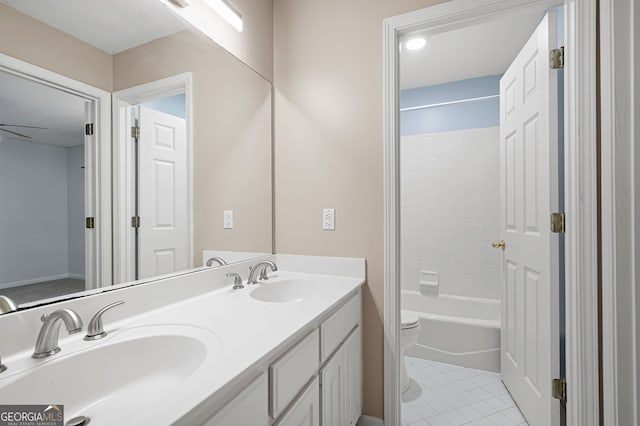 full bathroom with vanity, shower / tub combination, toilet, and tile patterned flooring