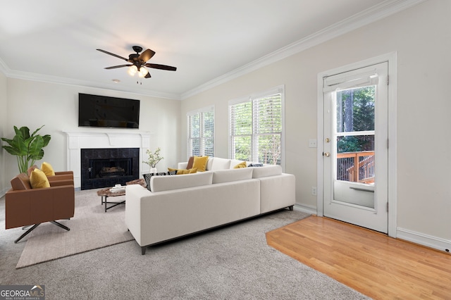 living room with ornamental molding, hardwood / wood-style floors, a tile fireplace, and plenty of natural light