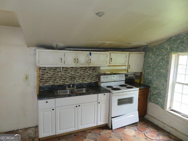 kitchen with white cabinetry, sink, decorative backsplash, and white electric range oven