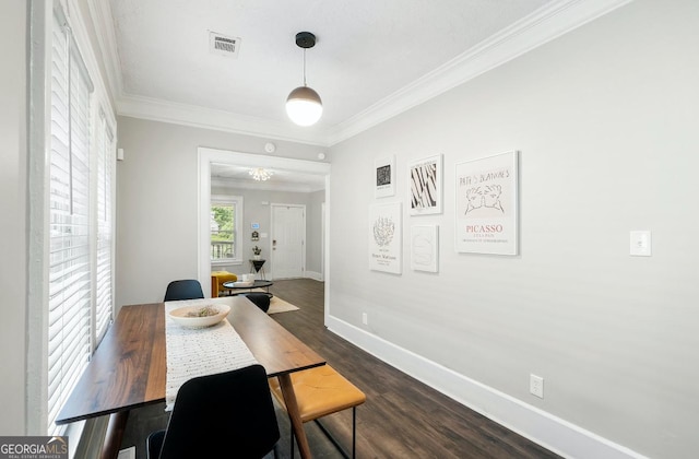 office featuring dark hardwood / wood-style floors and crown molding