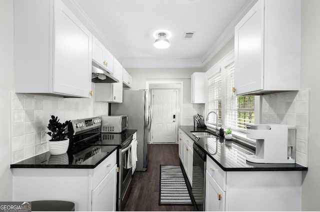 kitchen with stainless steel range with electric stovetop, white cabinetry, dishwasher, and sink