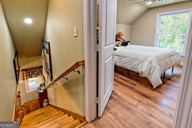 bedroom featuring lofted ceiling, ceiling fan, and light wood-type flooring