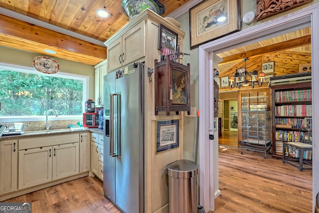 kitchen featuring high end refrigerator, light hardwood / wood-style flooring, sink, and wooden ceiling