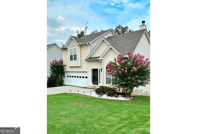 view of front of property with a garage and a front lawn