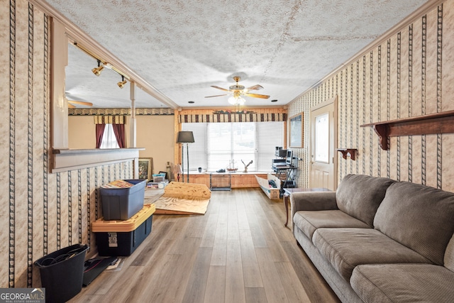 living room featuring a textured ceiling, hardwood / wood-style flooring, and ceiling fan