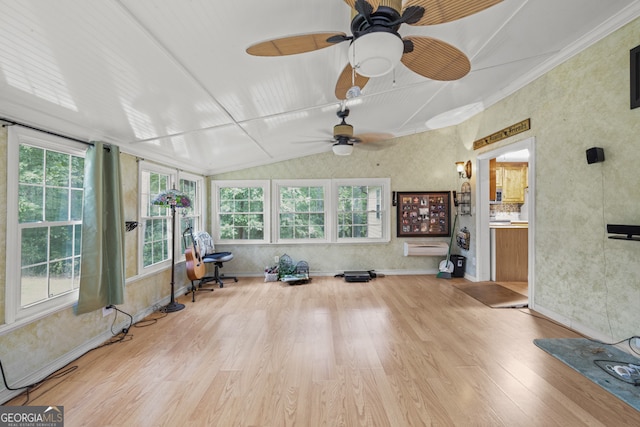 workout room with light hardwood / wood-style flooring, lofted ceiling, ceiling fan, and crown molding