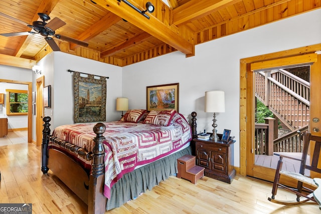 bedroom featuring beam ceiling, access to outside, wooden ceiling, and light wood-type flooring