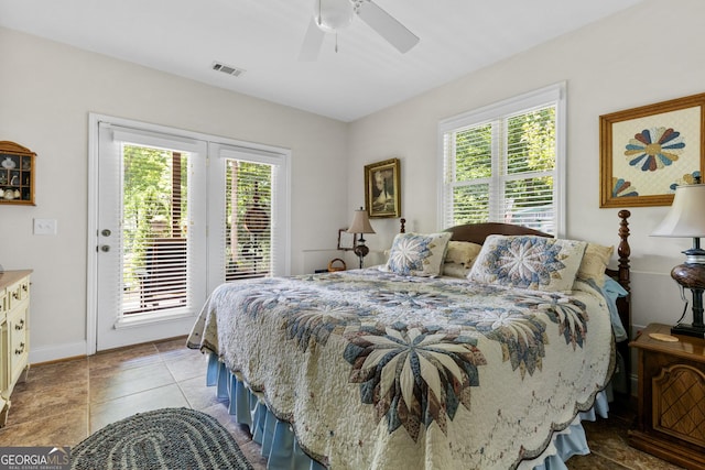 tiled bedroom featuring access to exterior and ceiling fan