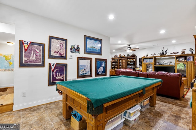 playroom featuring billiards and ceiling fan