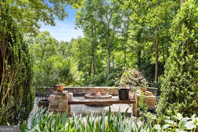 view of patio / terrace featuring an outdoor fire pit