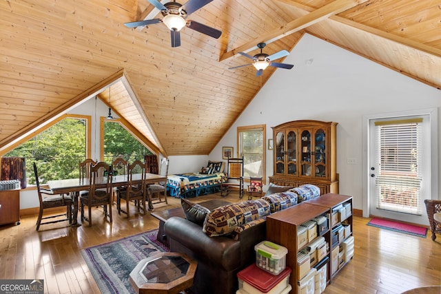 living room featuring wood ceiling, light hardwood / wood-style floors, and vaulted ceiling with beams