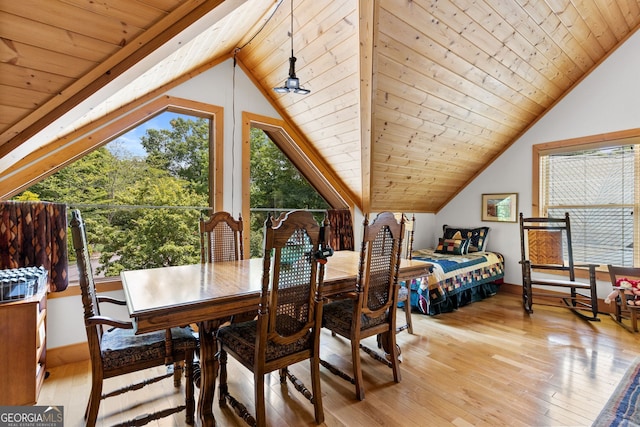 dining area featuring a wealth of natural light, light hardwood / wood-style floors, and vaulted ceiling