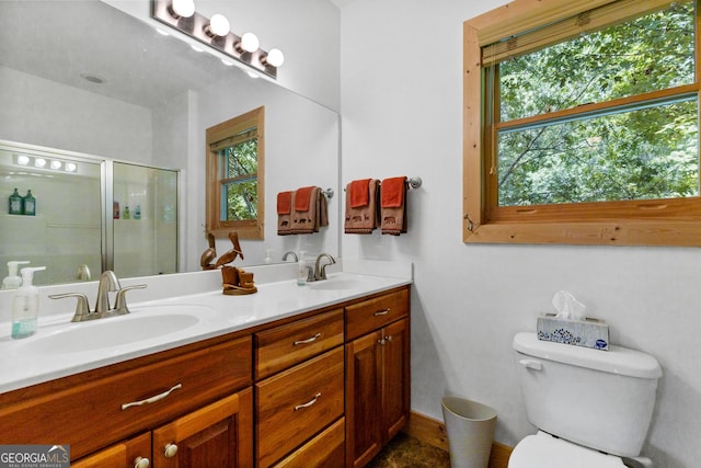 bathroom featuring vanity, toilet, and walk in shower